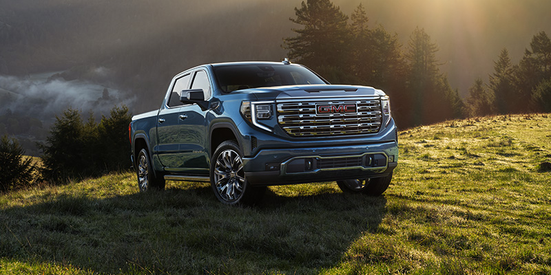 Blue GMC pickup truck parked in a grassy landscape at sunset.
